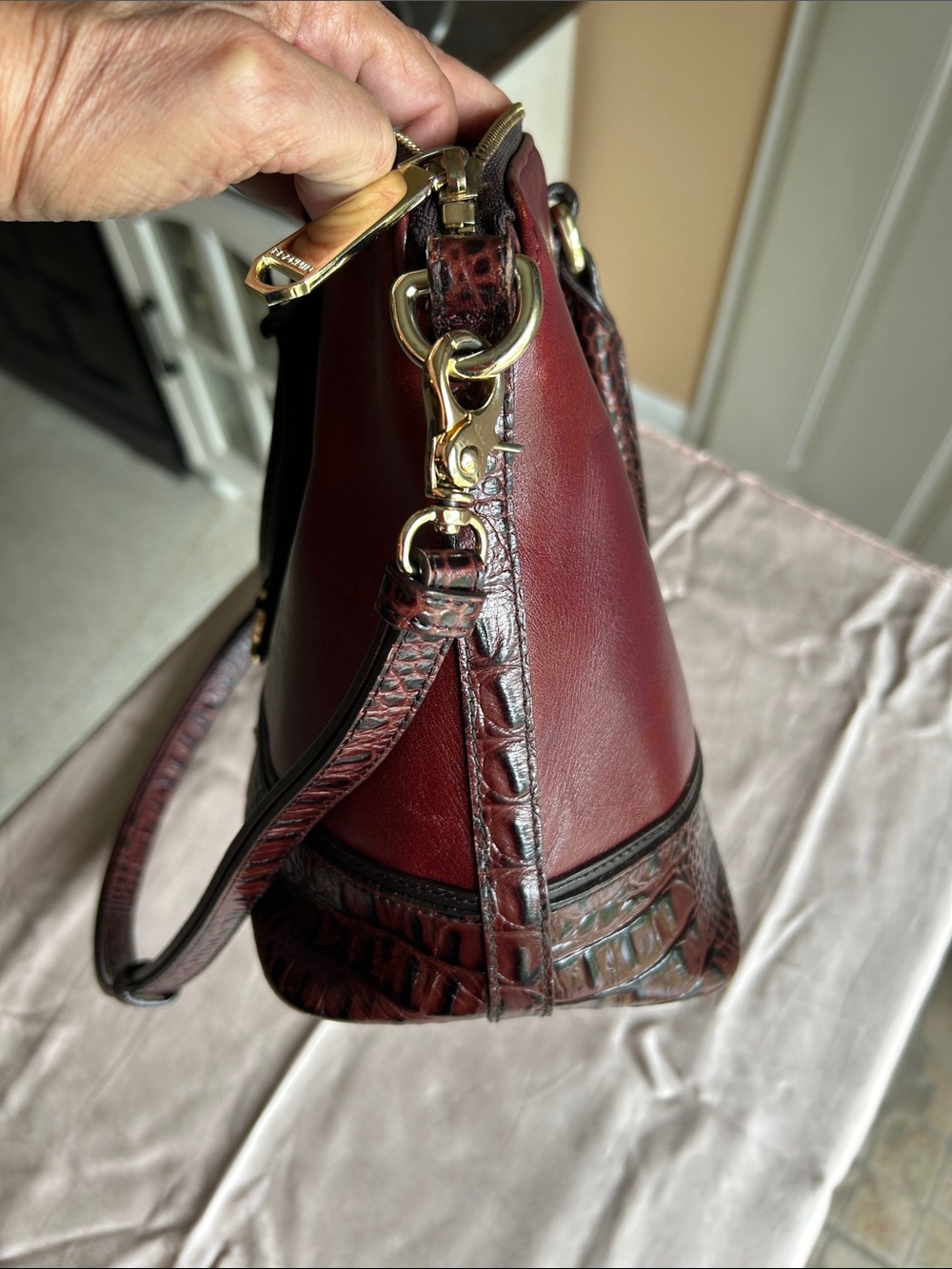 Brahmin Burgundy Leather Satchel with Croc-Embossed Trim - Picture 5 of 16